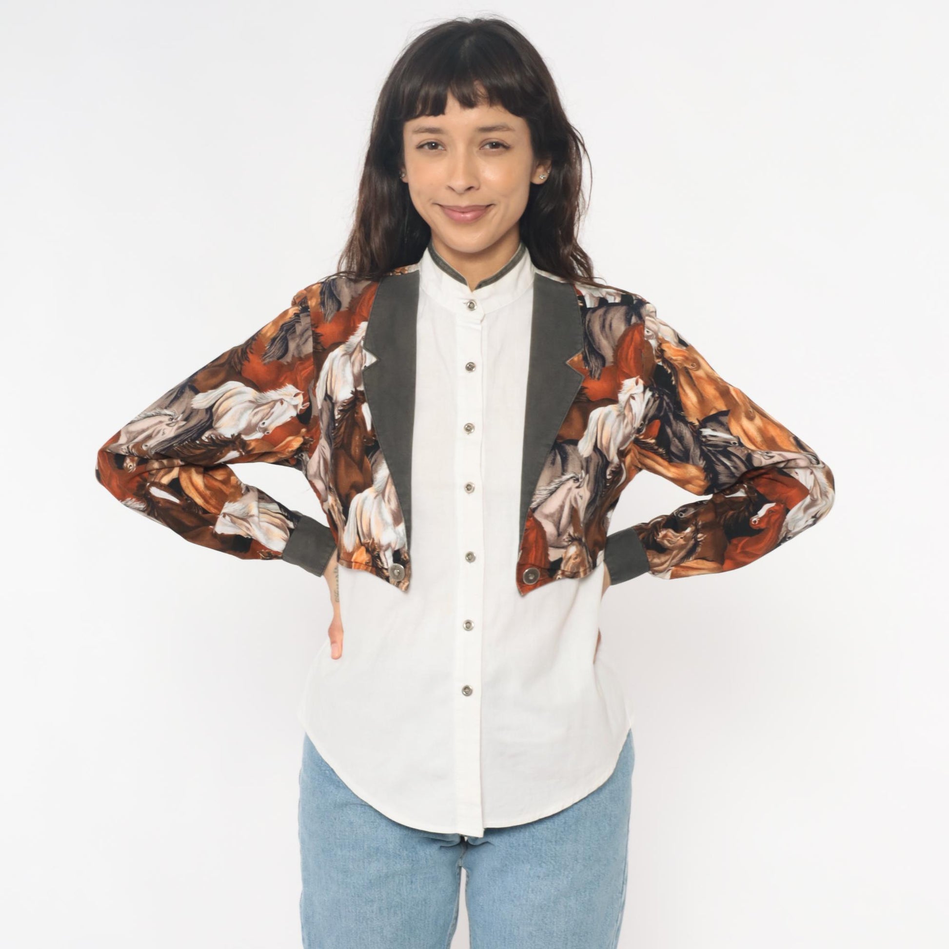 90s Roughrider Western Horse Print Button-Up Blouse White Small