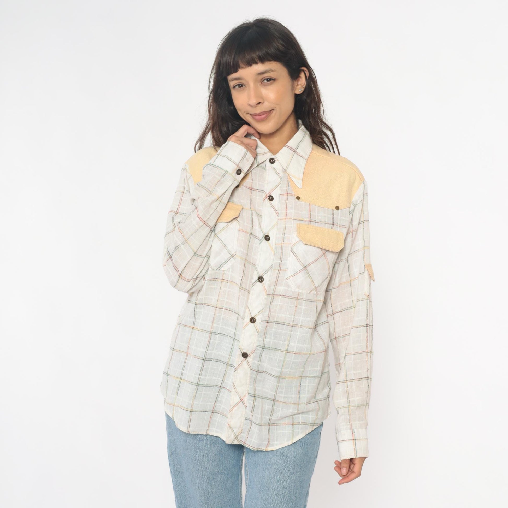 70s Kennington Western Shirt Plaid Cream Peach Yoke Button Front Medium