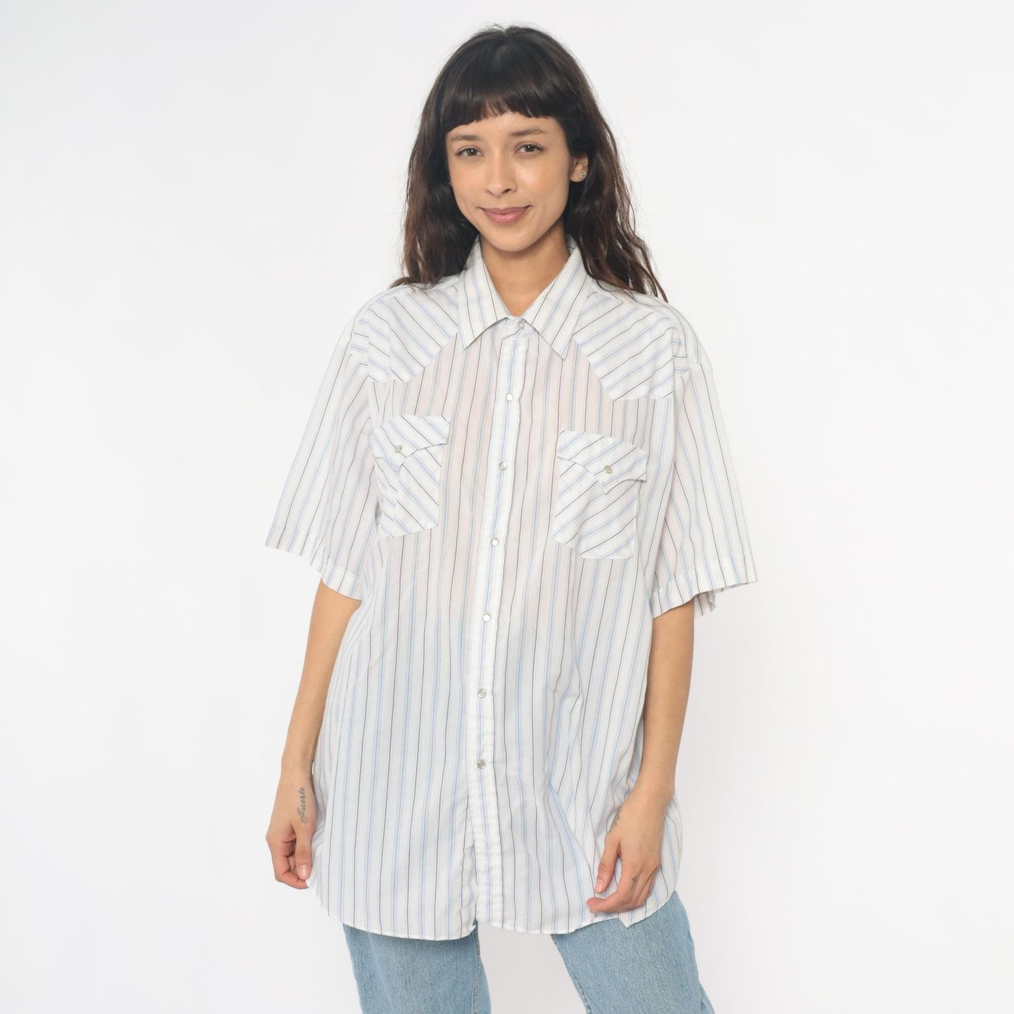 90s Ely Cattleman Western Striped Snap Shirt Cream Blue Tan Extra Large XL