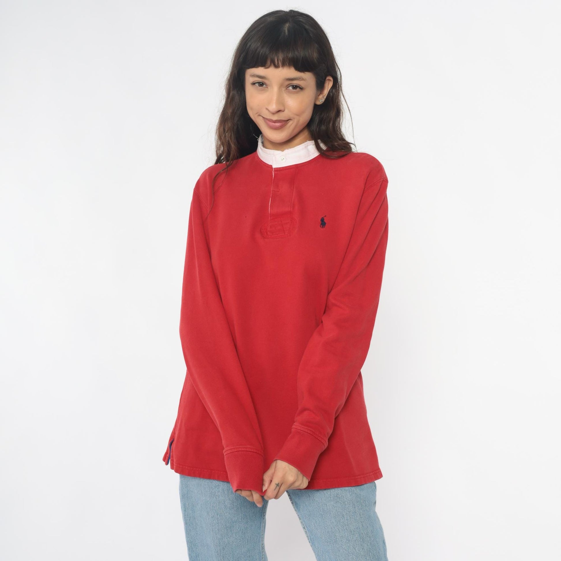 90s Polo Ralph Lauren Red Rugby Shirt White Collar Cotton Medium M