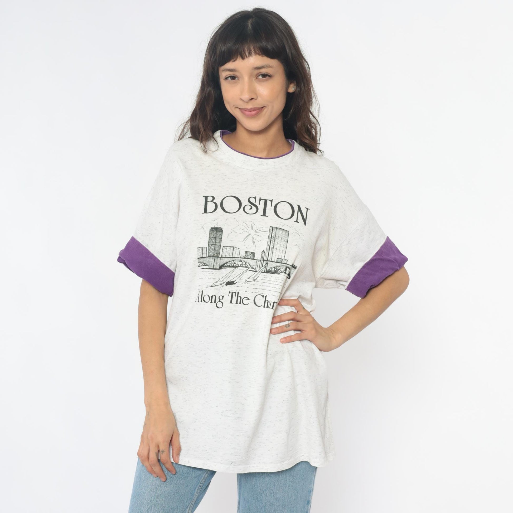 90s Boston Along The Charles River Graphic Tee Purple Ringer Sleeves Large