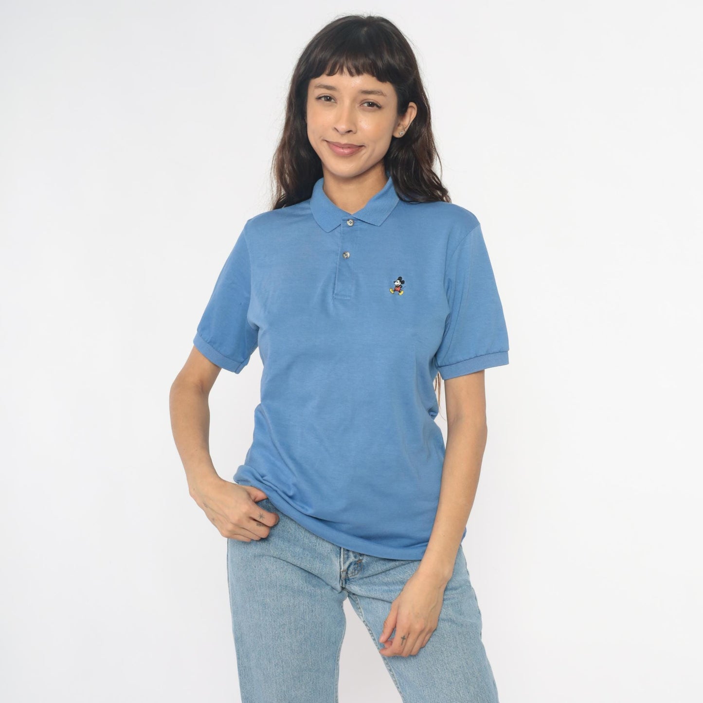 80s Disney Mickey Mouse Polo Cornflower Blue Embroidered Shirt Medium M