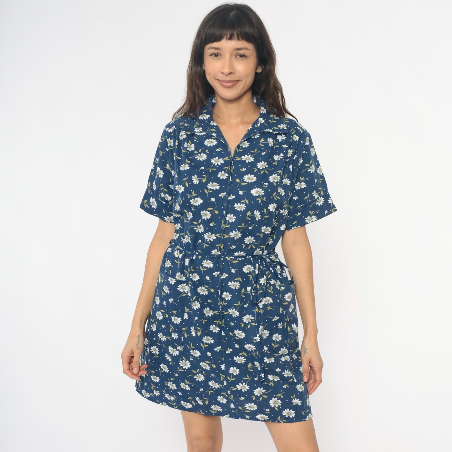90s Carole Navy Floral Daisy Dress Collared Button Front Cotton Medium M