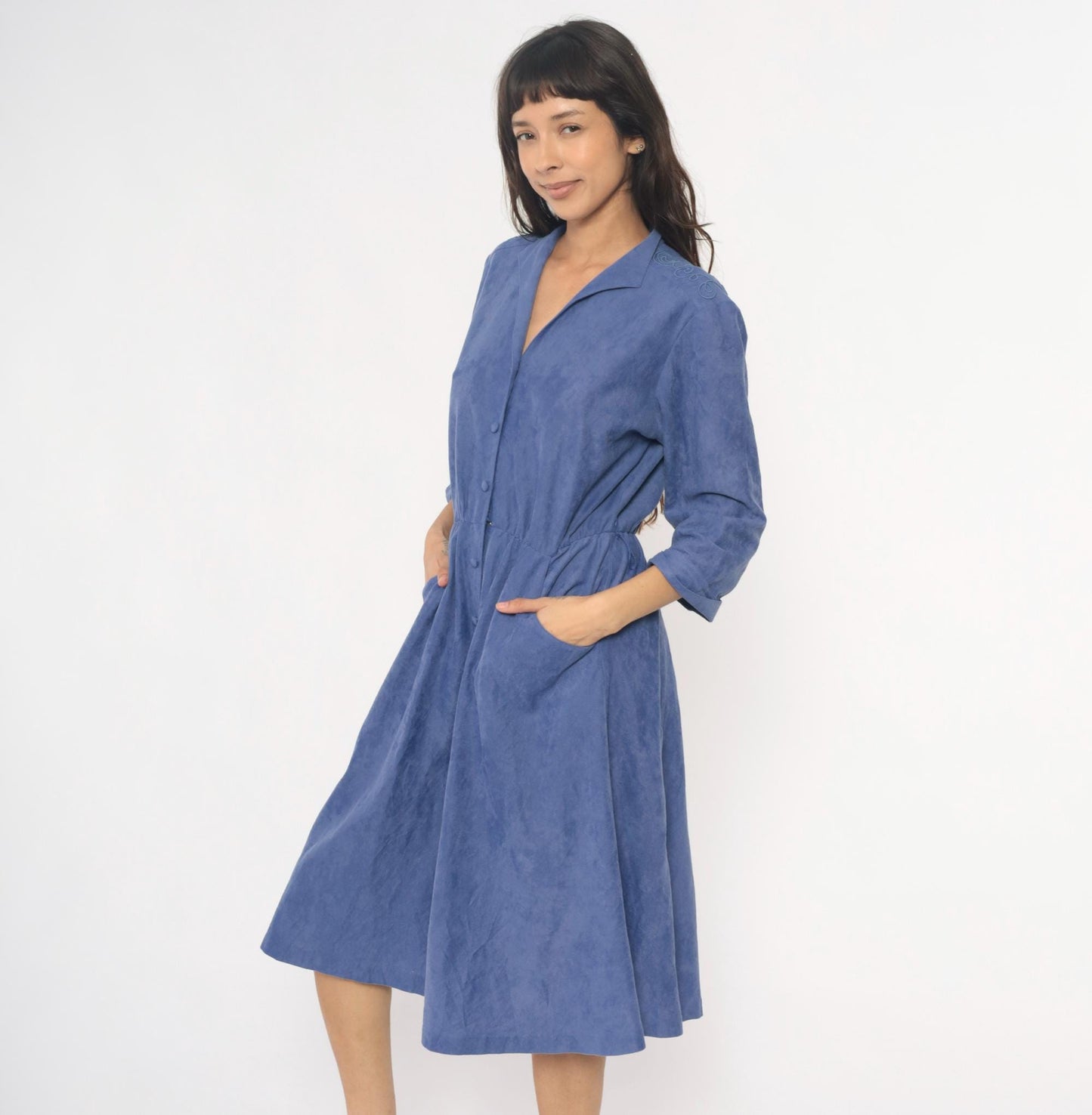 80s Petites by Willi Periwinkle Midi Dress Embroidered Collar Medium