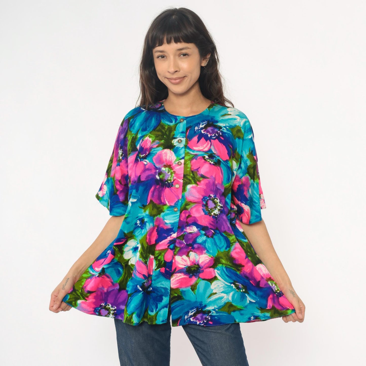 70s Haleaka Fashions Floral Button-Up Tunic Pink Purple Blue Cotton