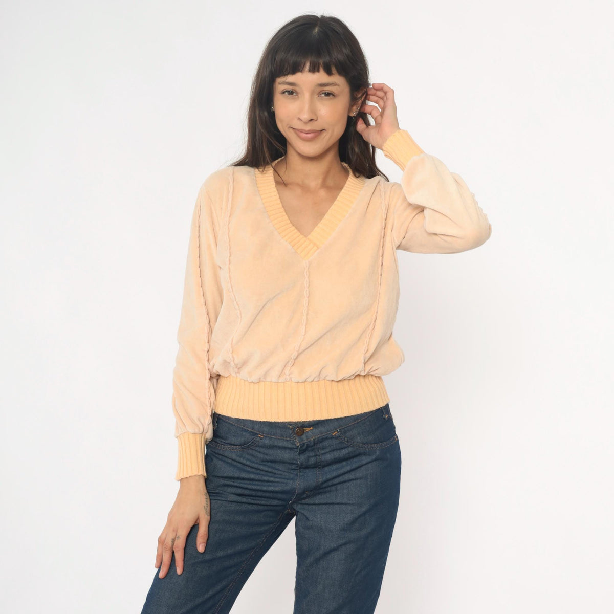 80s Comosport Velour Pullover Cream V-Neck Ribbed Knit Small