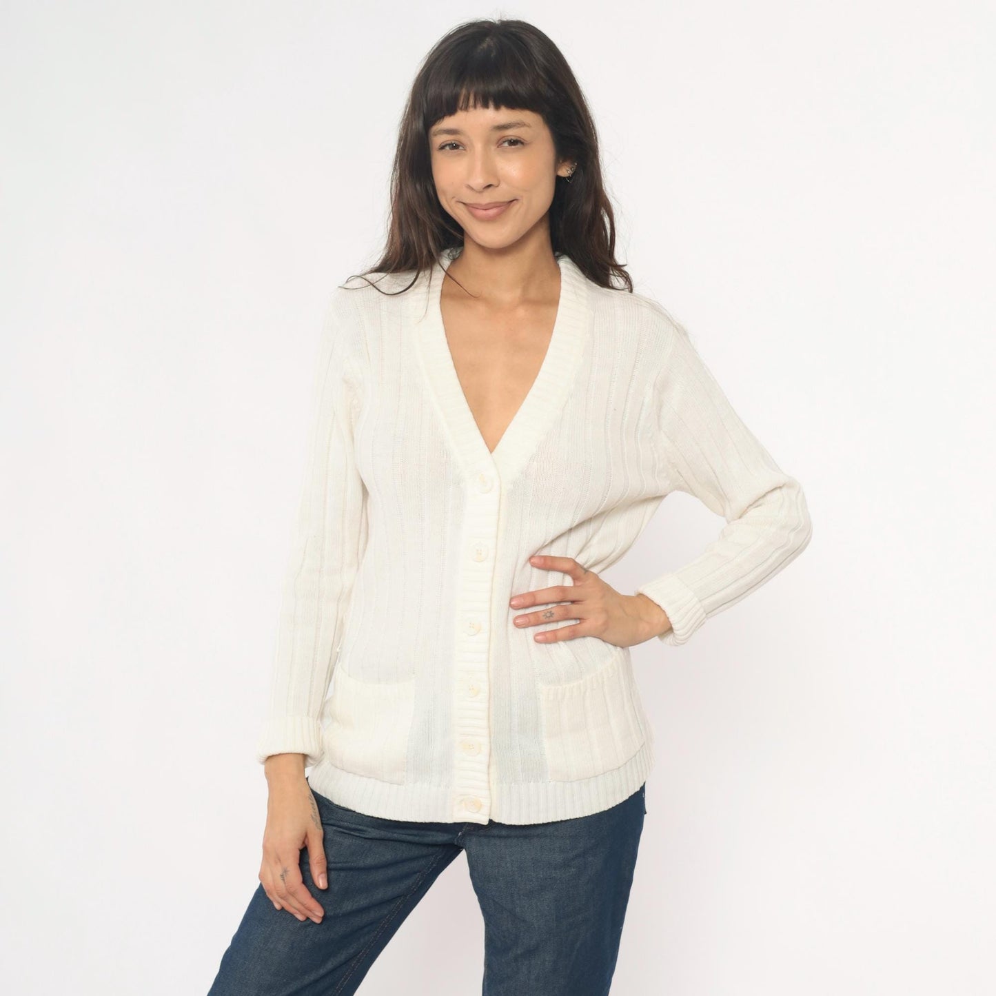 70s Cream Cable Knit Cardigan V-Neck Button Front Zayre Small