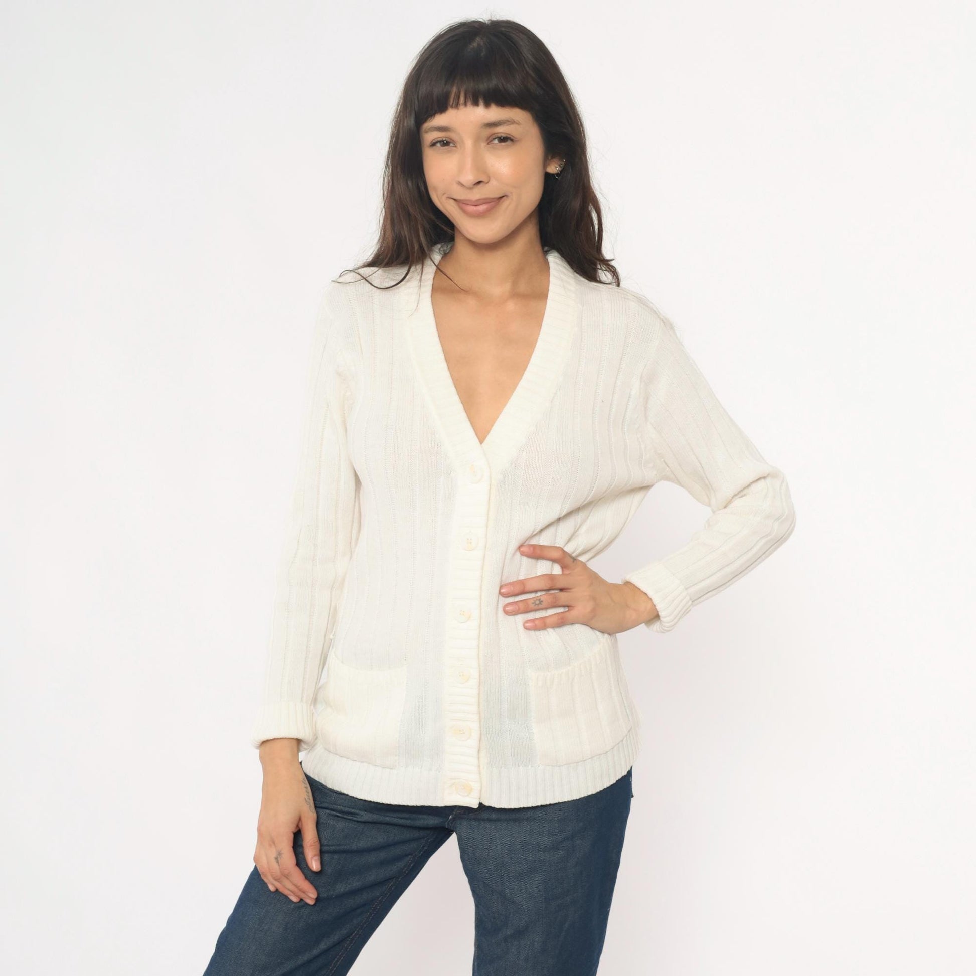 70s Cream Cable Knit Cardigan V-Neck Button Front Zayre Small