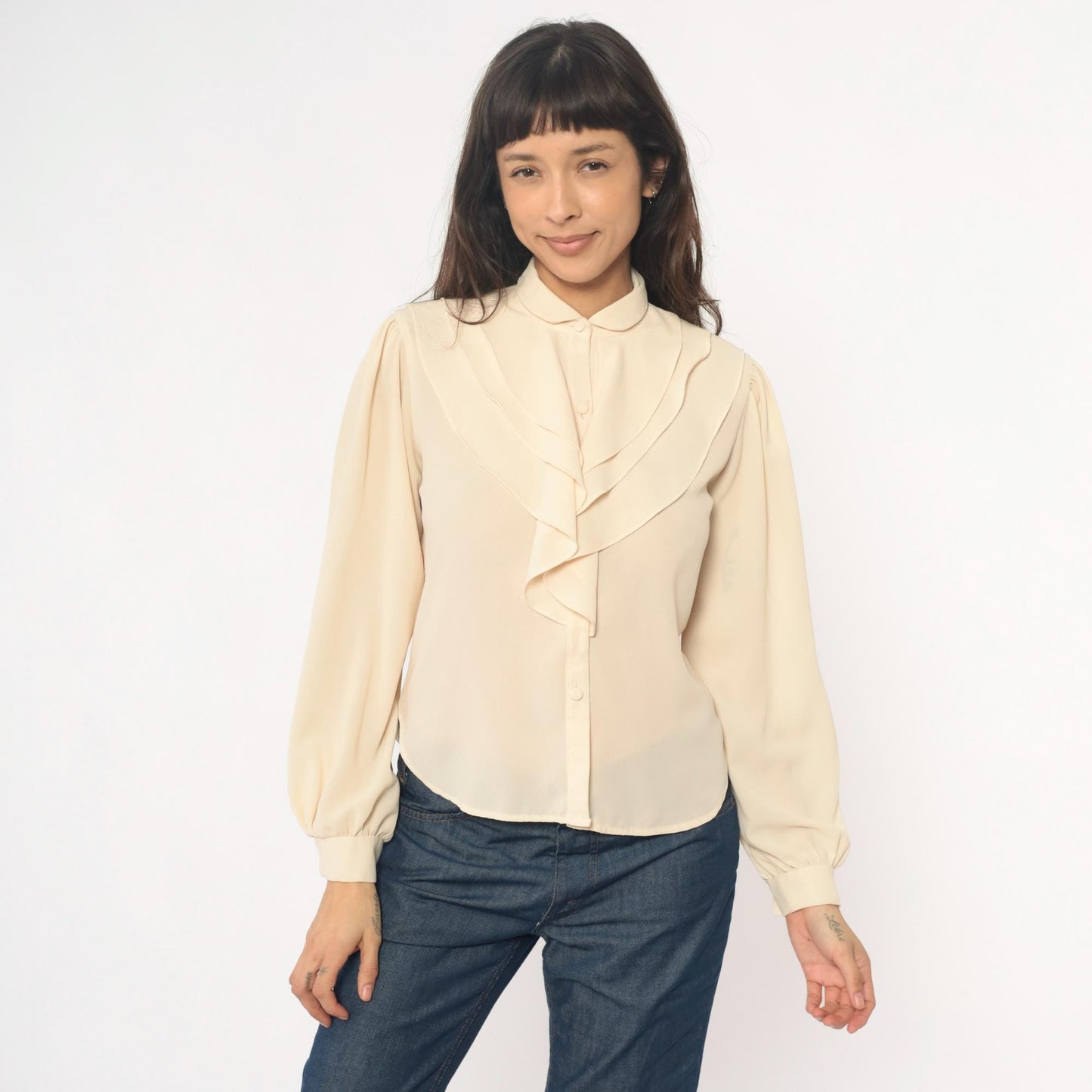70s Cream Peter Pan Collar Blouse Puff Sleeve Button Front Ruffle Medium