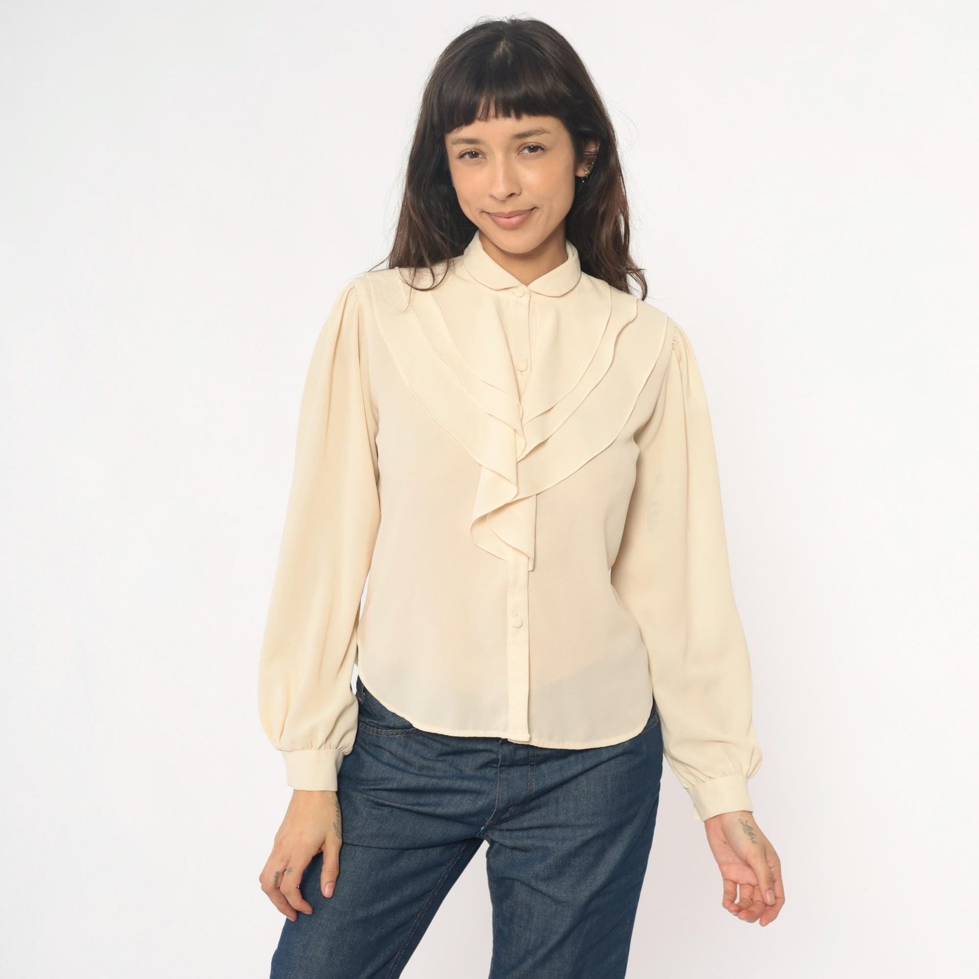 70s Cream Peter Pan Collar Blouse Puff Sleeve Button Front Ruffle Medium