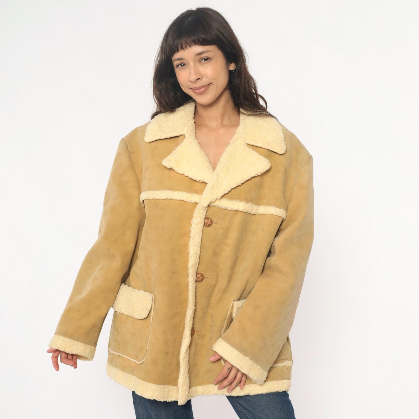 70s Wiman Tan Faux Suede Jacket Sherpa Collar Wide Notch Large
