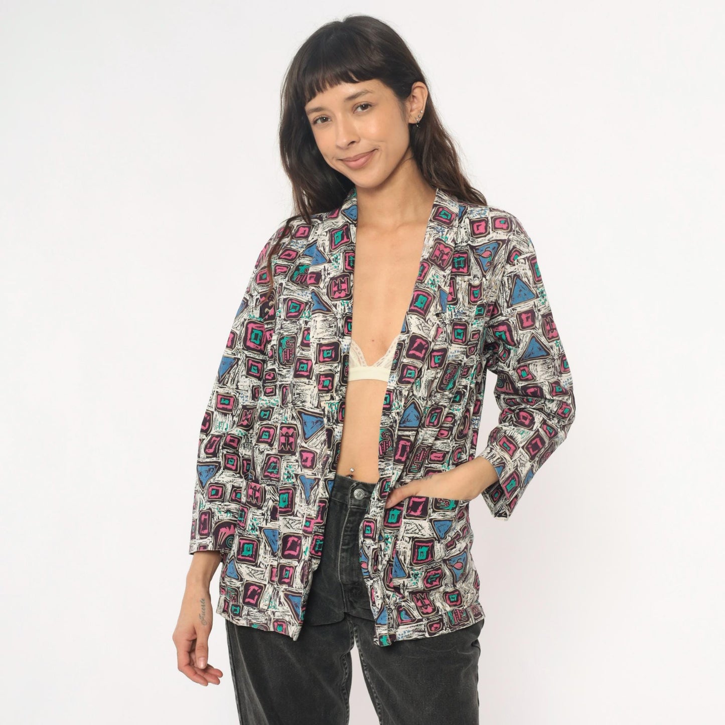 90s Mister Remo Geometric Abstract Blazer Pink Blue Cotton Small S