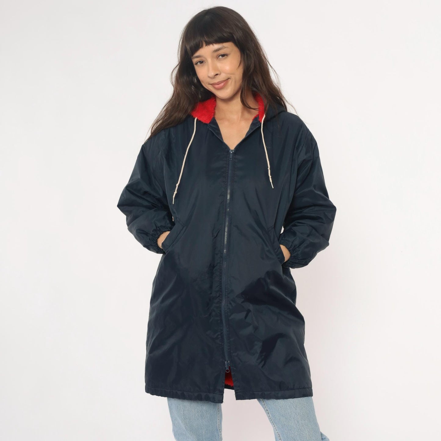 80s LEXD Swimming Team Jacket Navy Hooded Windbreaker Fur Lined Small