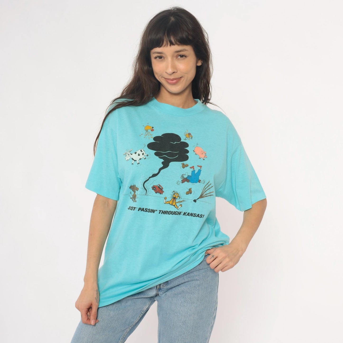 90s Anvil Kansas Tornado Graphic Tee Turquoise Cartoon Farm Animals Extra Large XL