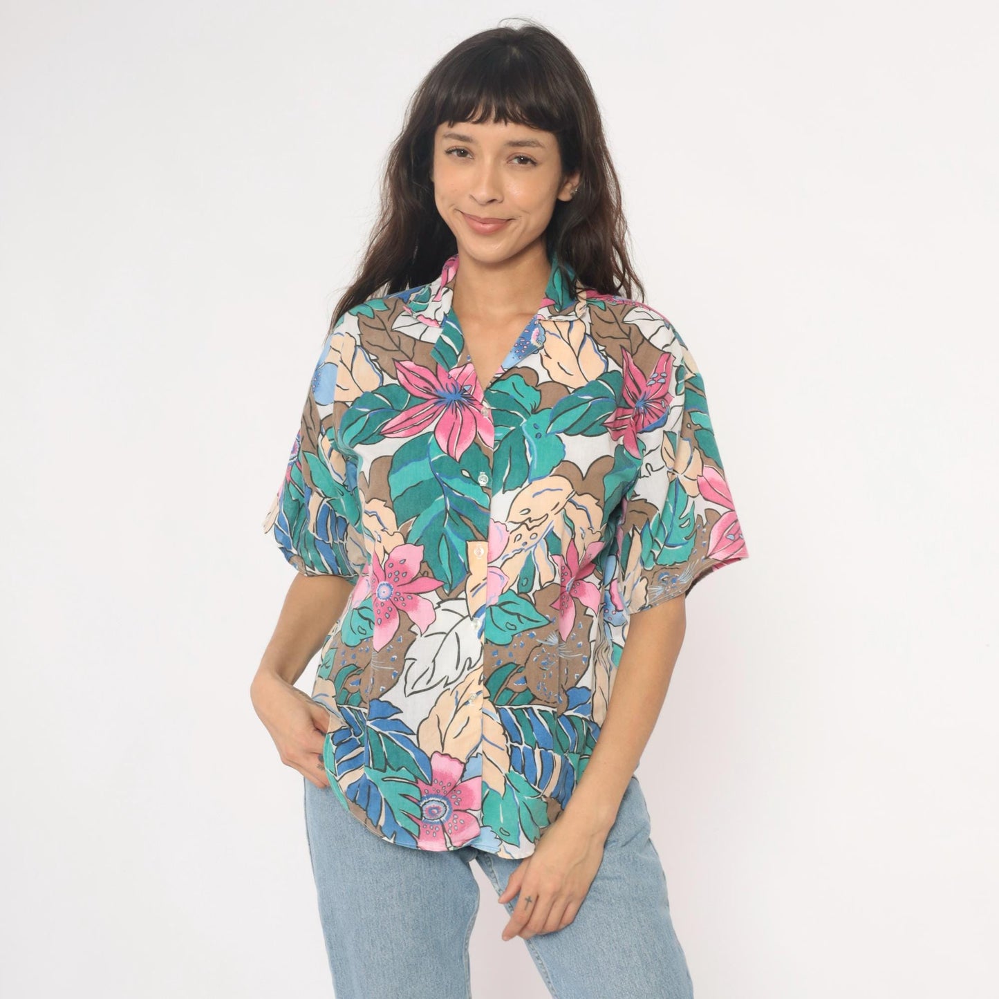 90s Caribou Tropical Floral Hawaiian Shirt Pink Blue Monstera Medium