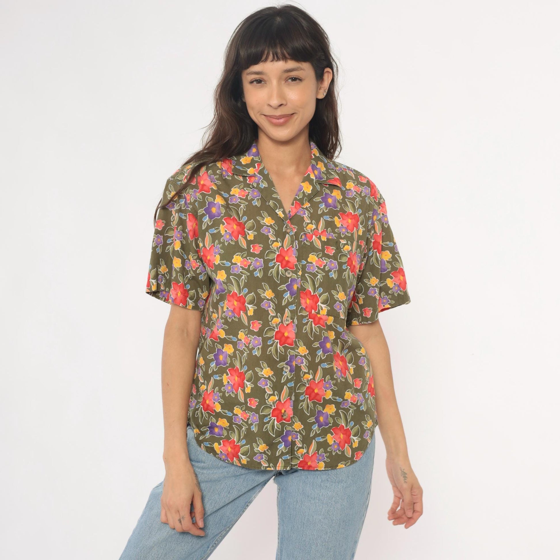 90s Liz Sport Floral Camp Collar Shirt Olive Green Cotton Small S
