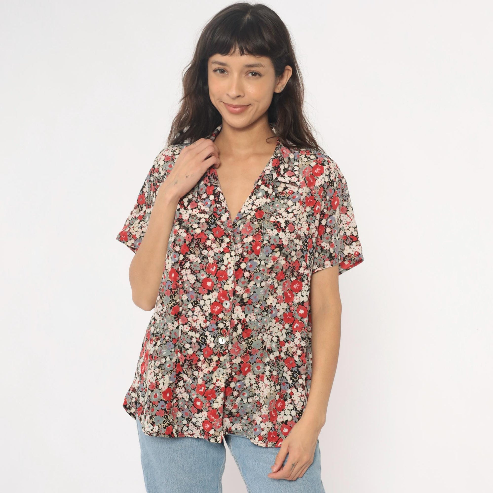 90s Zenobia Floral Button-Up Blouse Short Sleeve Black Cream Plus Size XXL