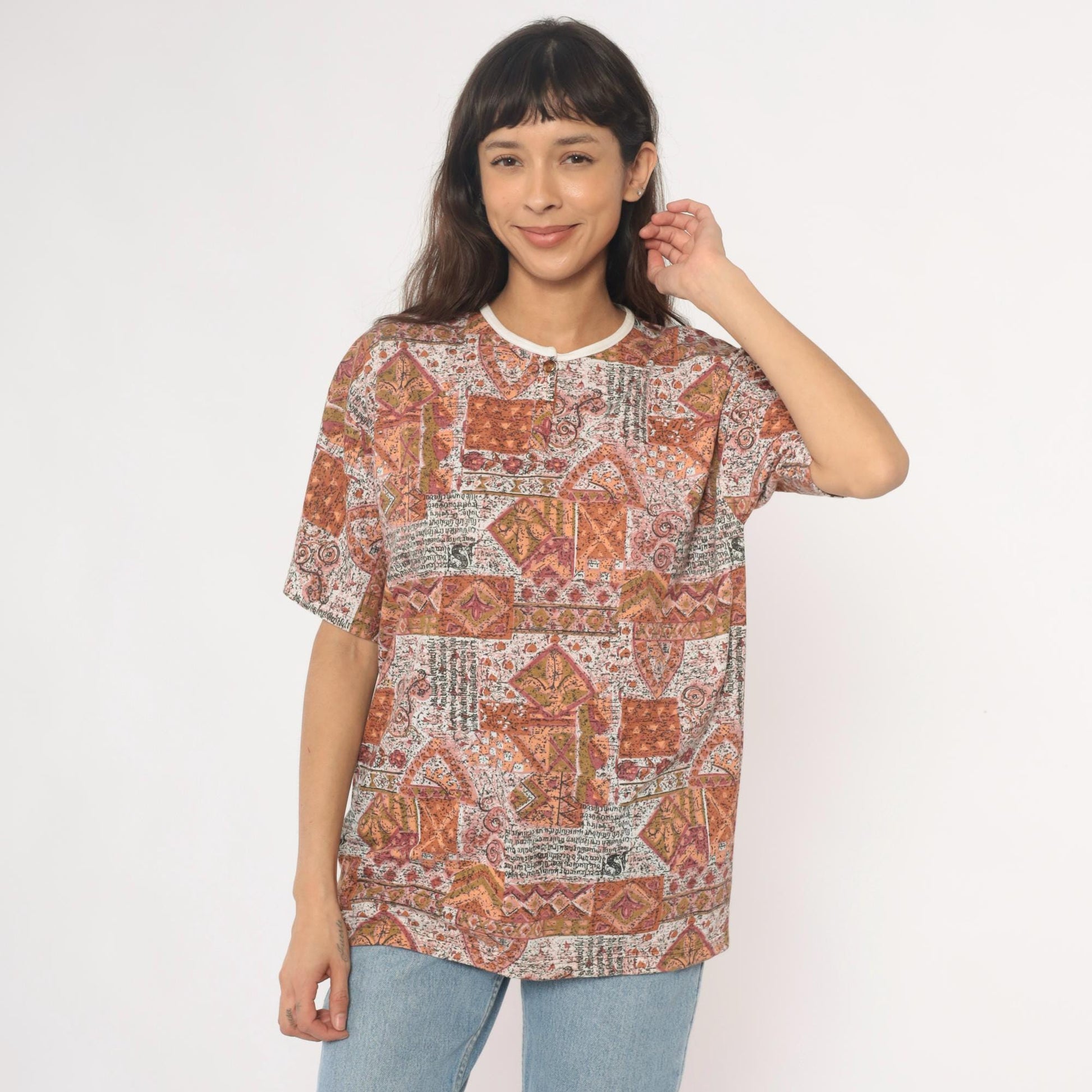 Y2K Patchwork Print Tee Rust Orange Cream Geometric Paisley Unisex Large L