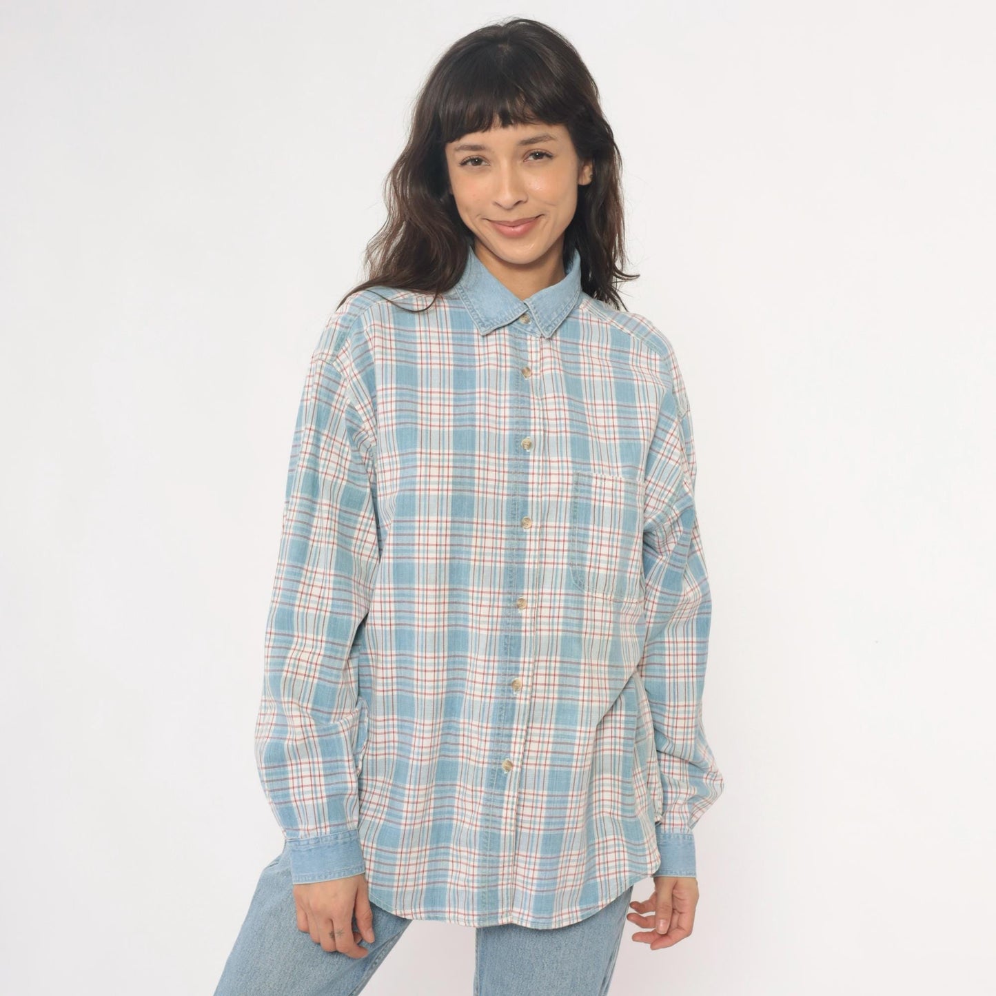 90s Paris Sport Club Plaid Button Down Shirt Denim Collar Cotton Large L