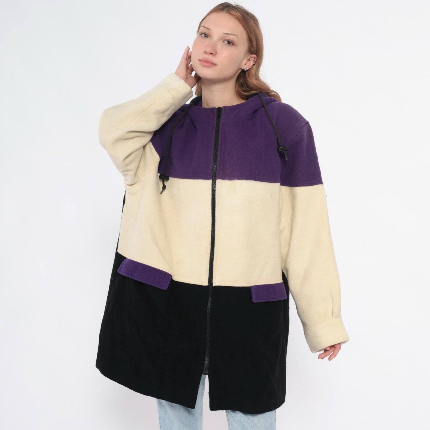 90s Spencer Douglas Colorblock Hooded Jacket Purple Cream Black Wool Blend Extra Large