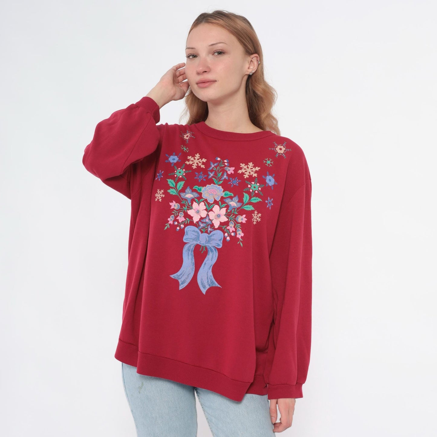 90s Hot Pink Floral Snowflake Embroidered Sweatshirt Crewneck Extra Large XXL
