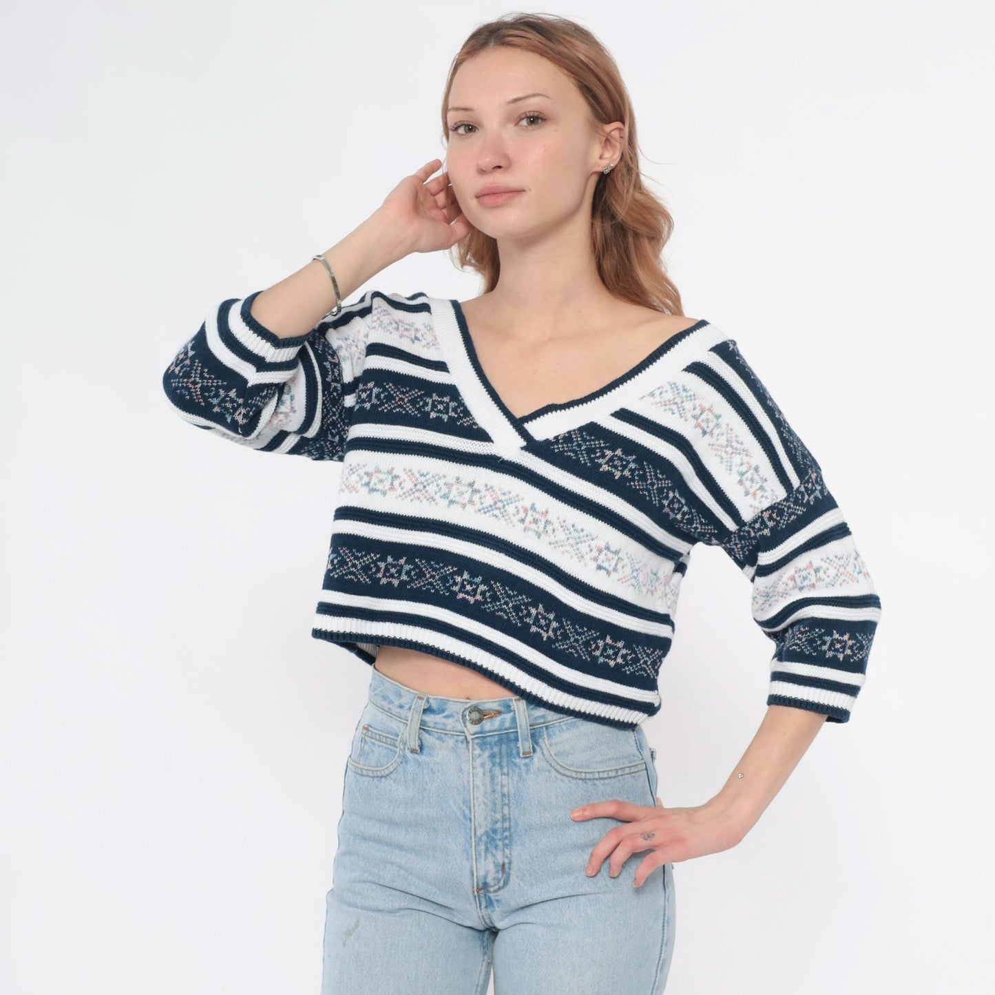 90s Navy Floral Striped V-Neck Knit Sweater Cotton Blend Medium M