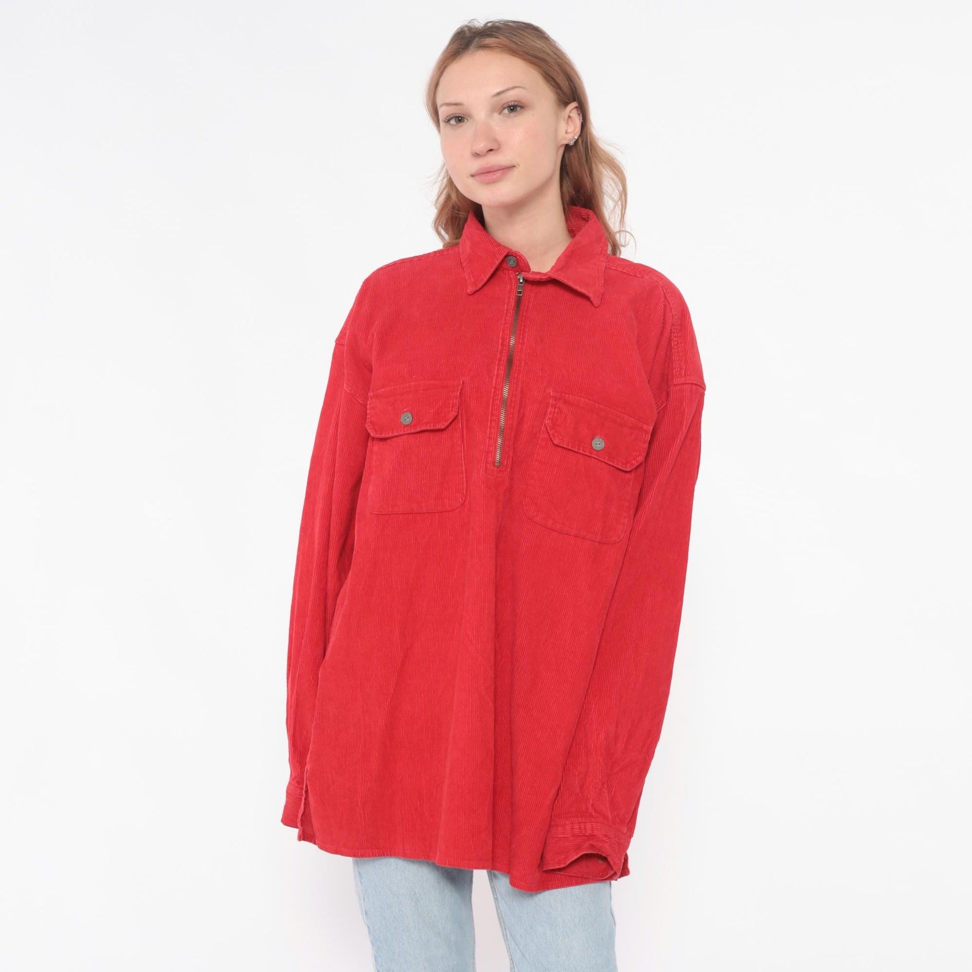 90s Marlboro Corduroy Half-Zip Shirt Red Cotton Collared Medium
