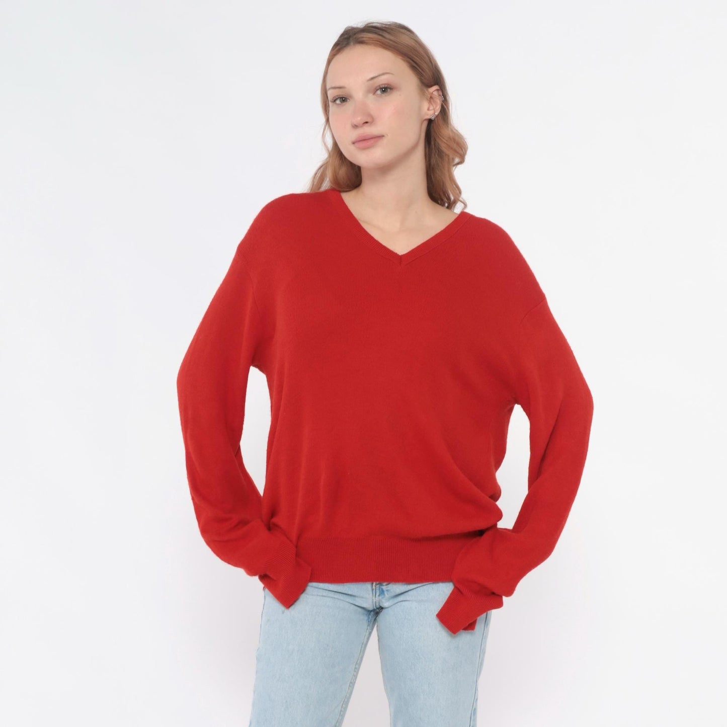 90s Puritan Red V-Neck Sweater Ribbed Knit Pullover Large L