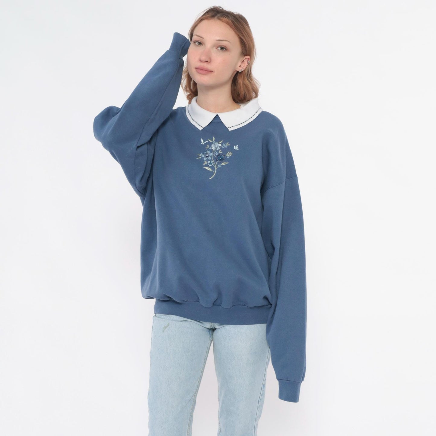 90s Morning Sun Butterfly Embroidered Sweatshirt Dusty Blue Peter Pan Collar Large