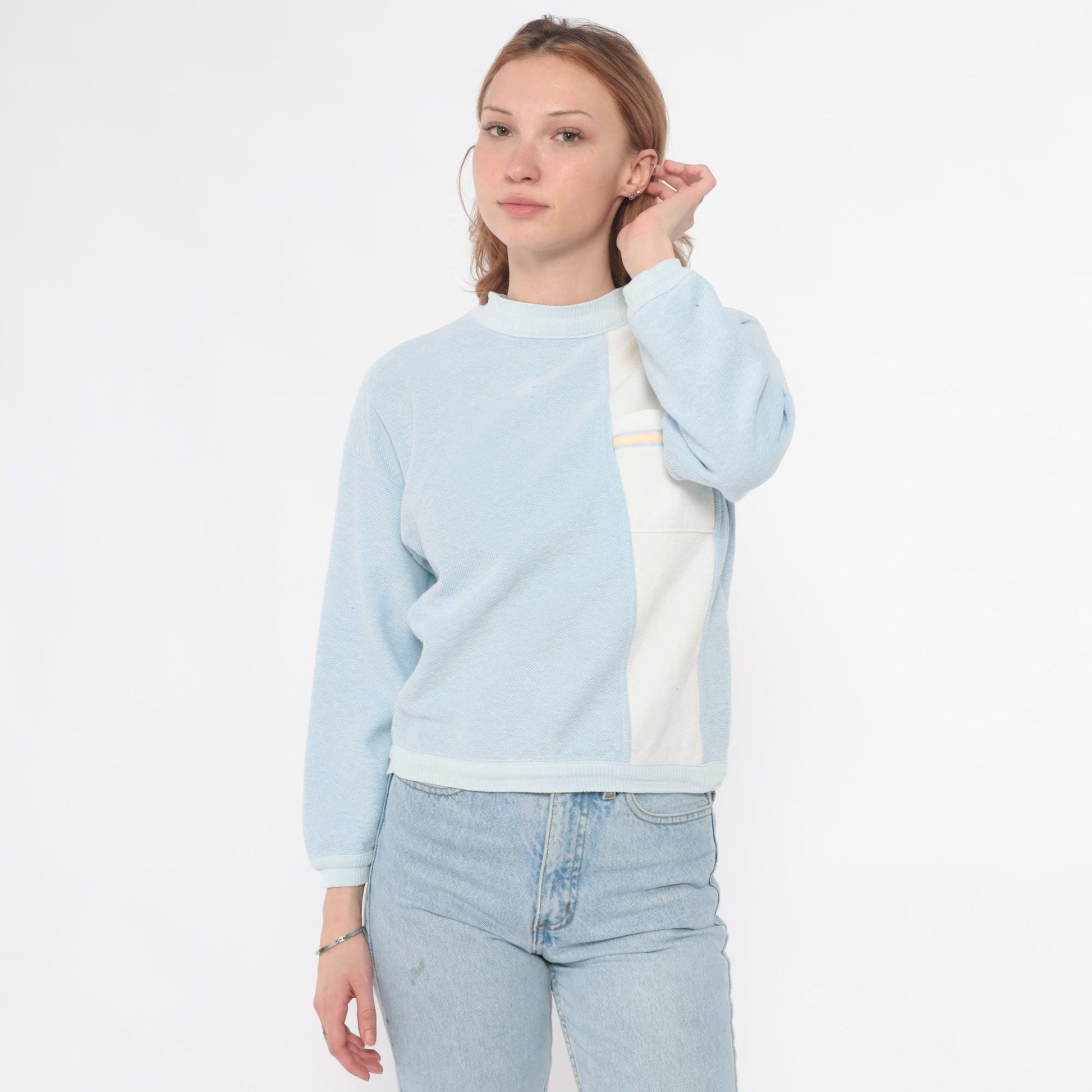 90s Willy Dee Light Blue Colourblock Sweatshirt Crew Neck Small S