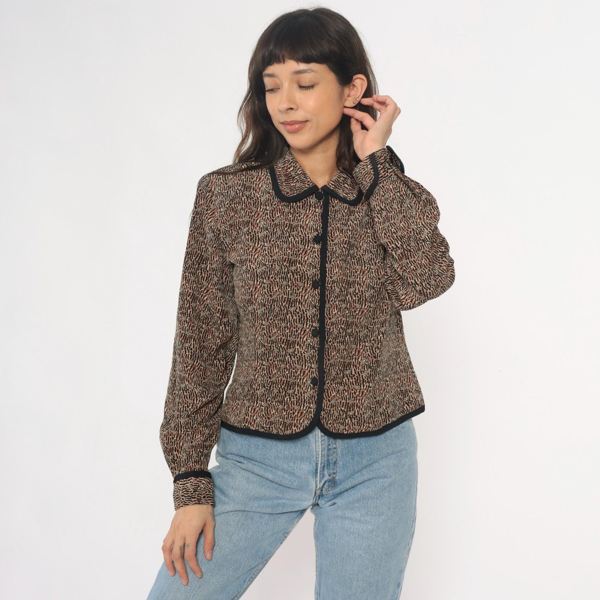 Y2K Nancy Crystal Cropped Jacket Brown Animal Print Peter Pan Collar Large L