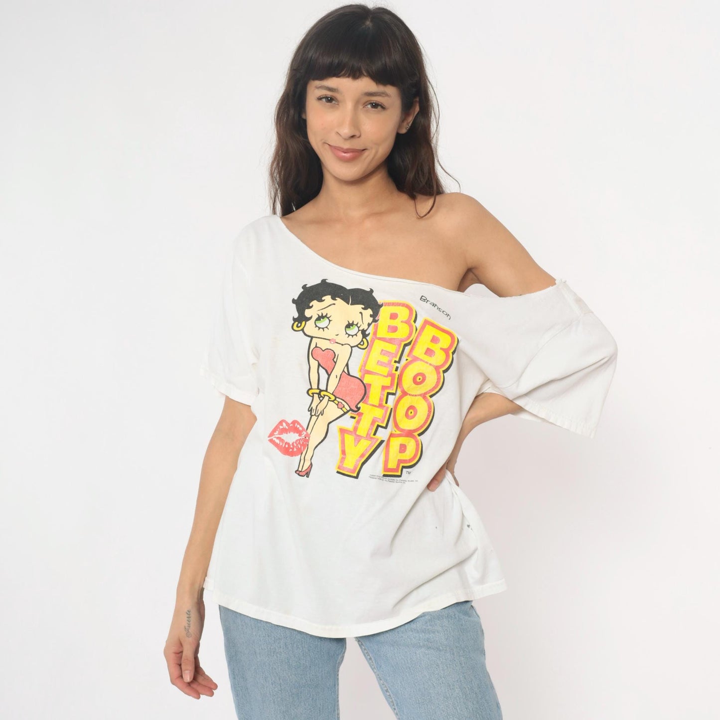 Y2K Betty Boop Graphic Tee White Cotton Off-Shoulder Distressed Extra Large