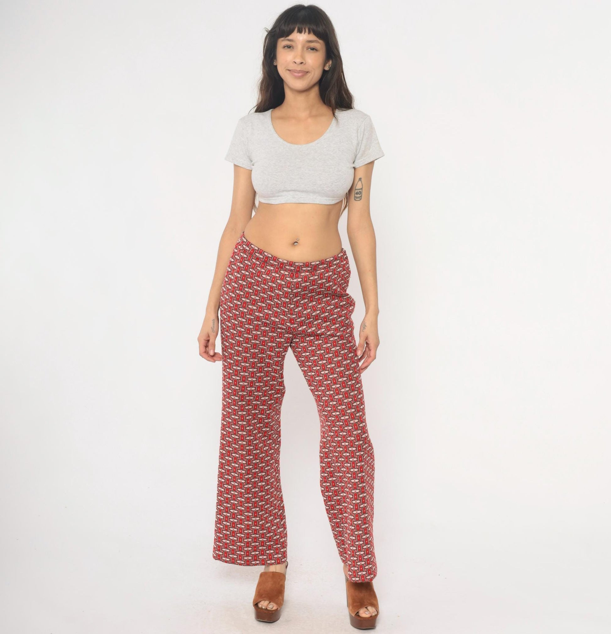 70s Red Lion Geometric Chain Print Straight Leg Trousers Burgundy Medium M