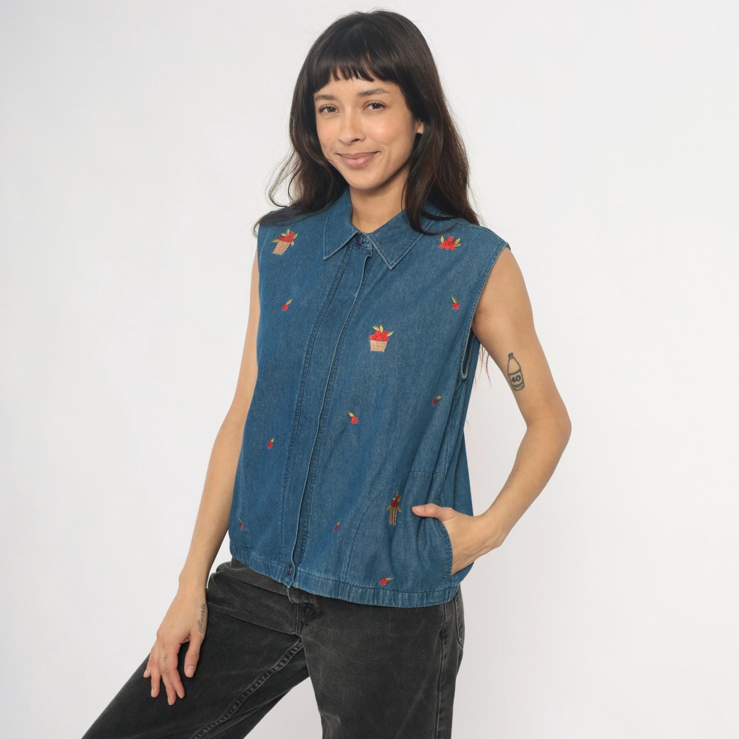 90s Allison Daley Denim Vest Embroidered Apple Basket Blue Collared Medium