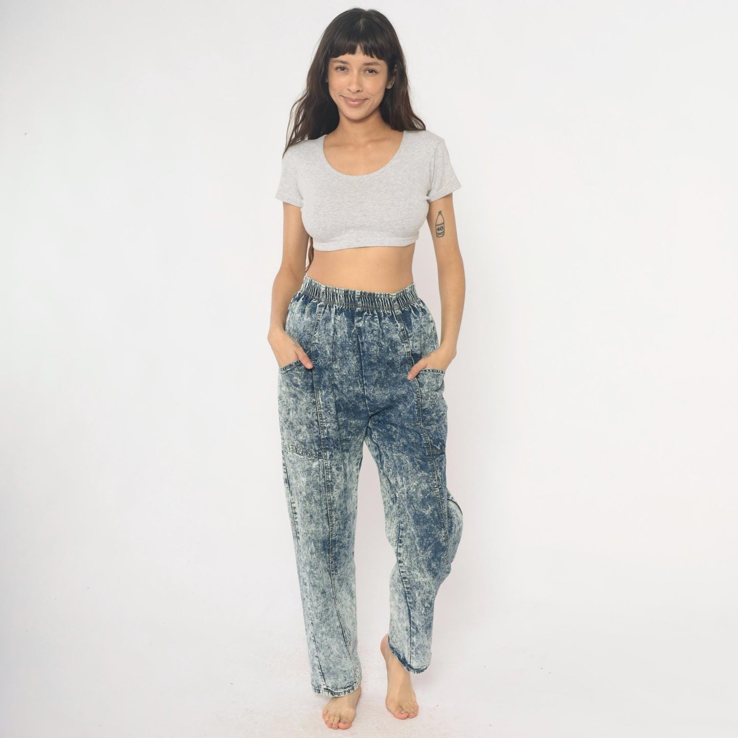 90s Acid Wash Denim High Rise Elastic Waist Straight Leg Light Blue Small Medium