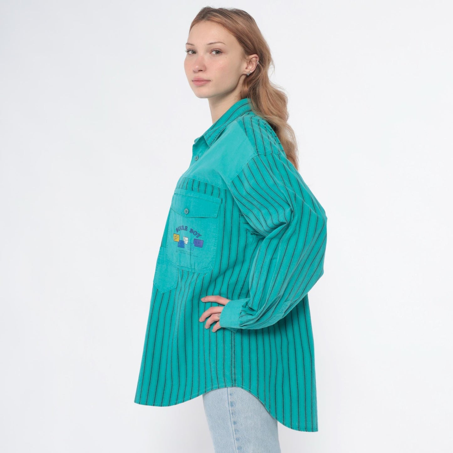 90s Bugle Boy Turquoise Striped Cotton Button-Up Shirt Large L