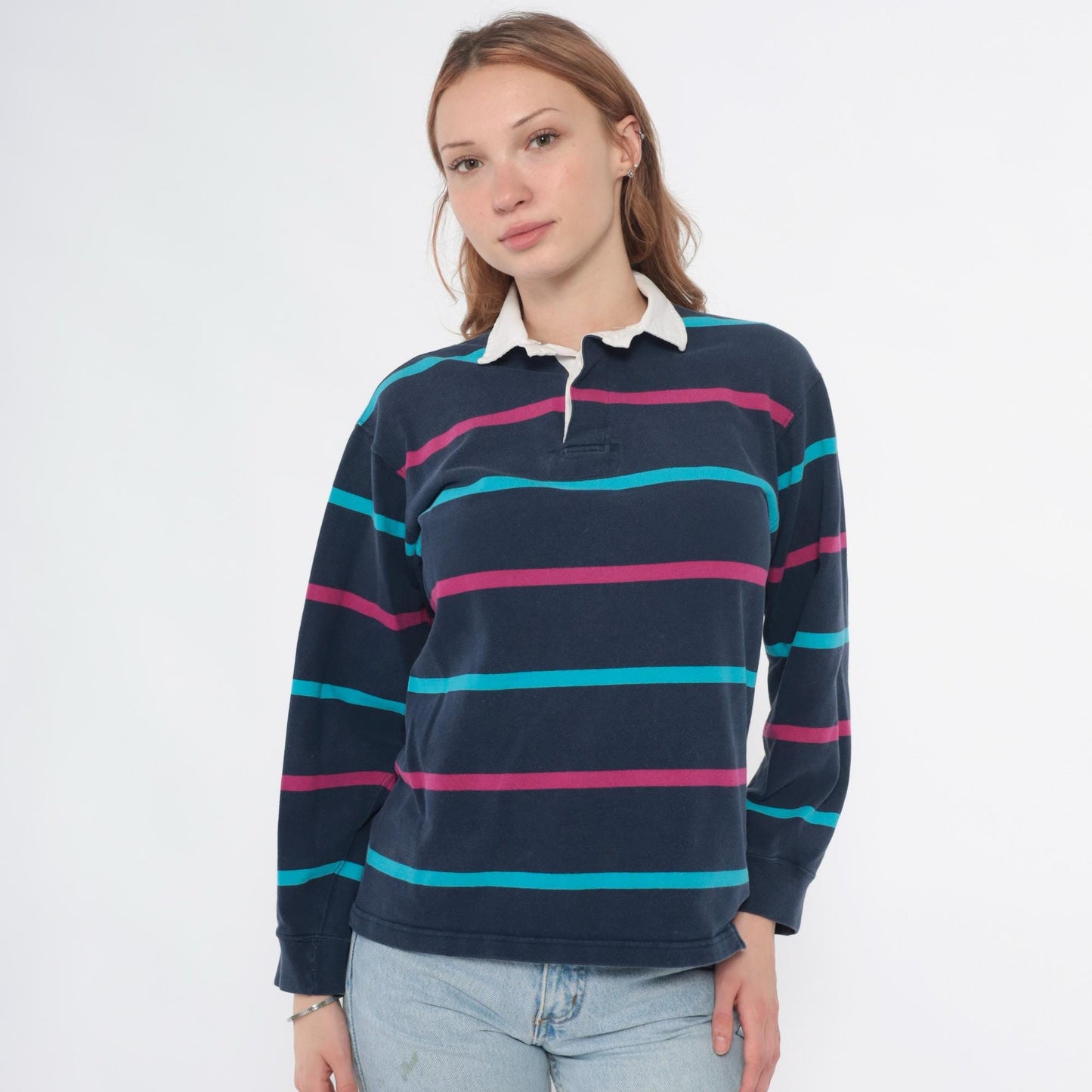 90s Dover by Arrow Rugby Polo Navy Pink Teal Striped Cotton Small