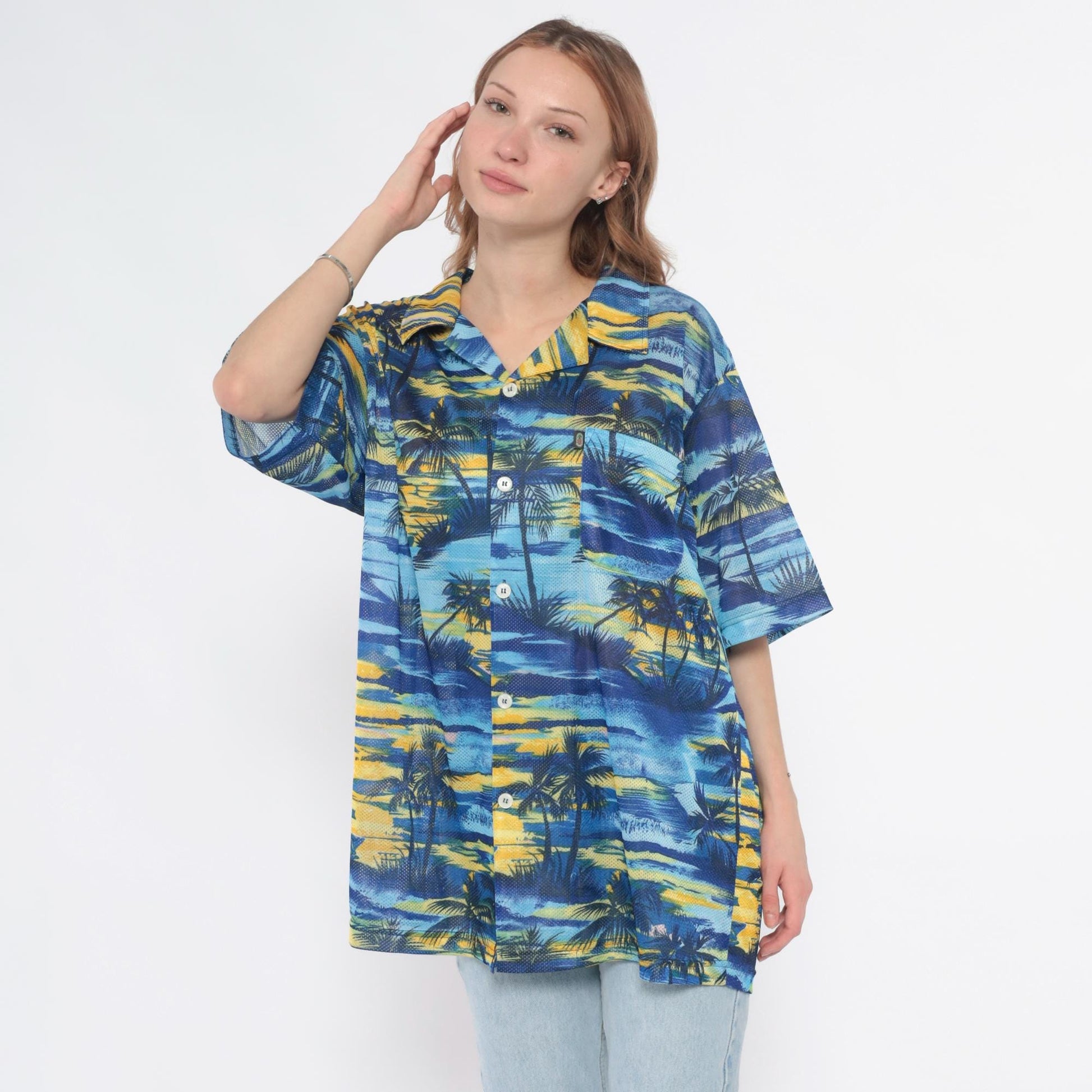 Y2K Pineapple Connection Hawaiian Shirt Blue Yellow Palm Tree Print Large L