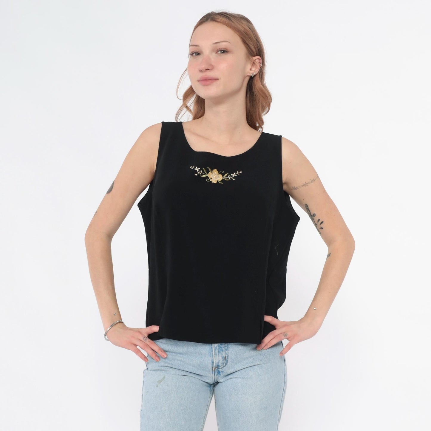 90s Peter Popovitch Black Tank Top Gold Floral Embroidery Large L