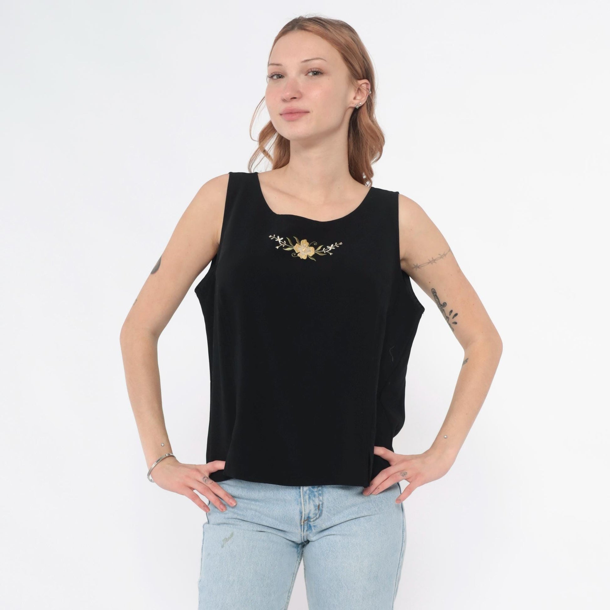 90s Peter Popovitch Black Tank Top Gold Floral Embroidery Large L