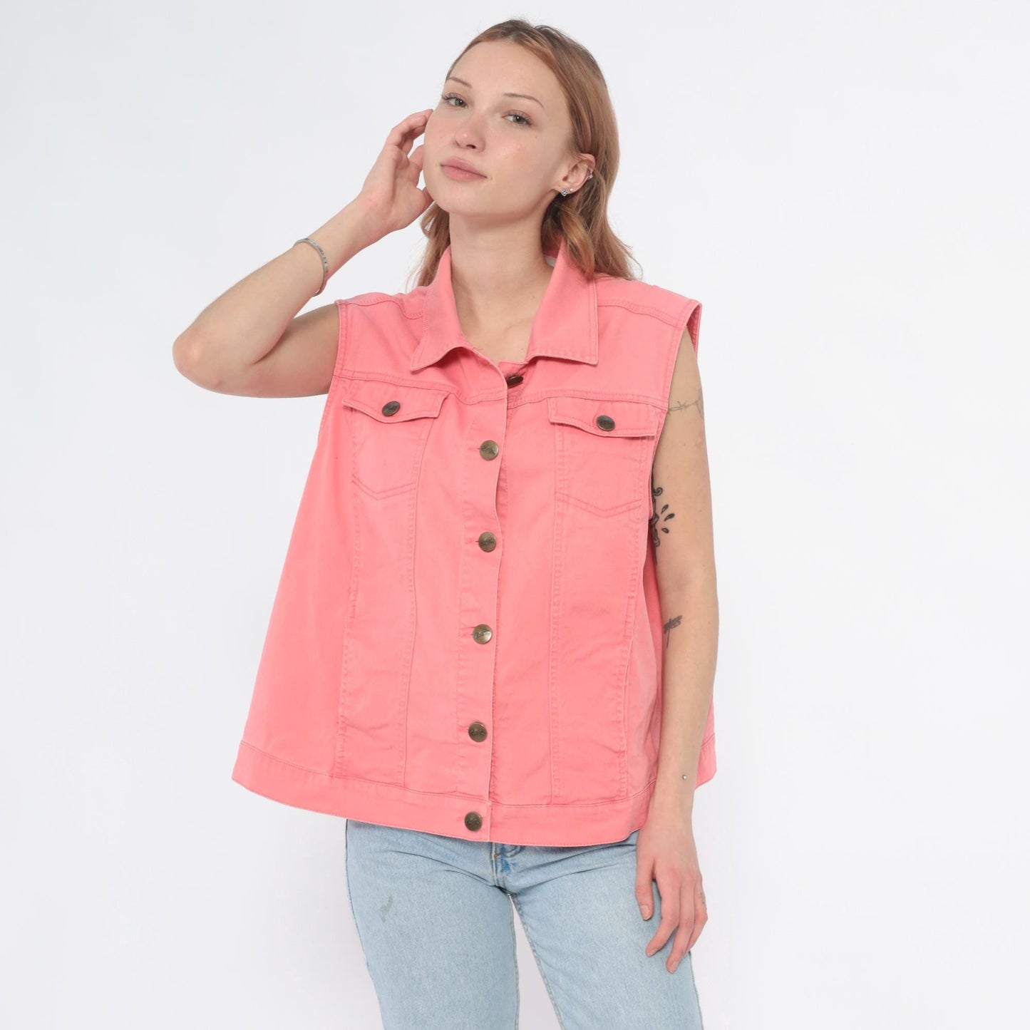 90s Bend Over Pink Denim Vest Button Front Pointed Collar Extra Large XL