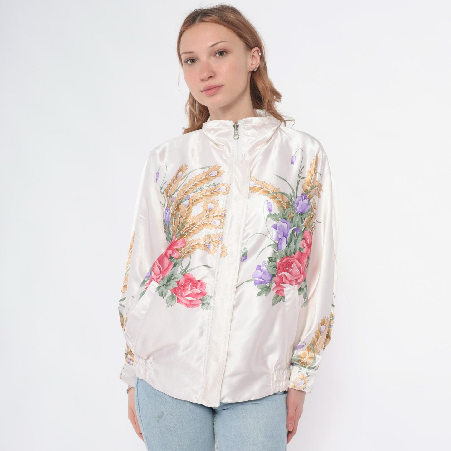90s Floral Windbreaker Jacket White Zip Botanical Print Medium M