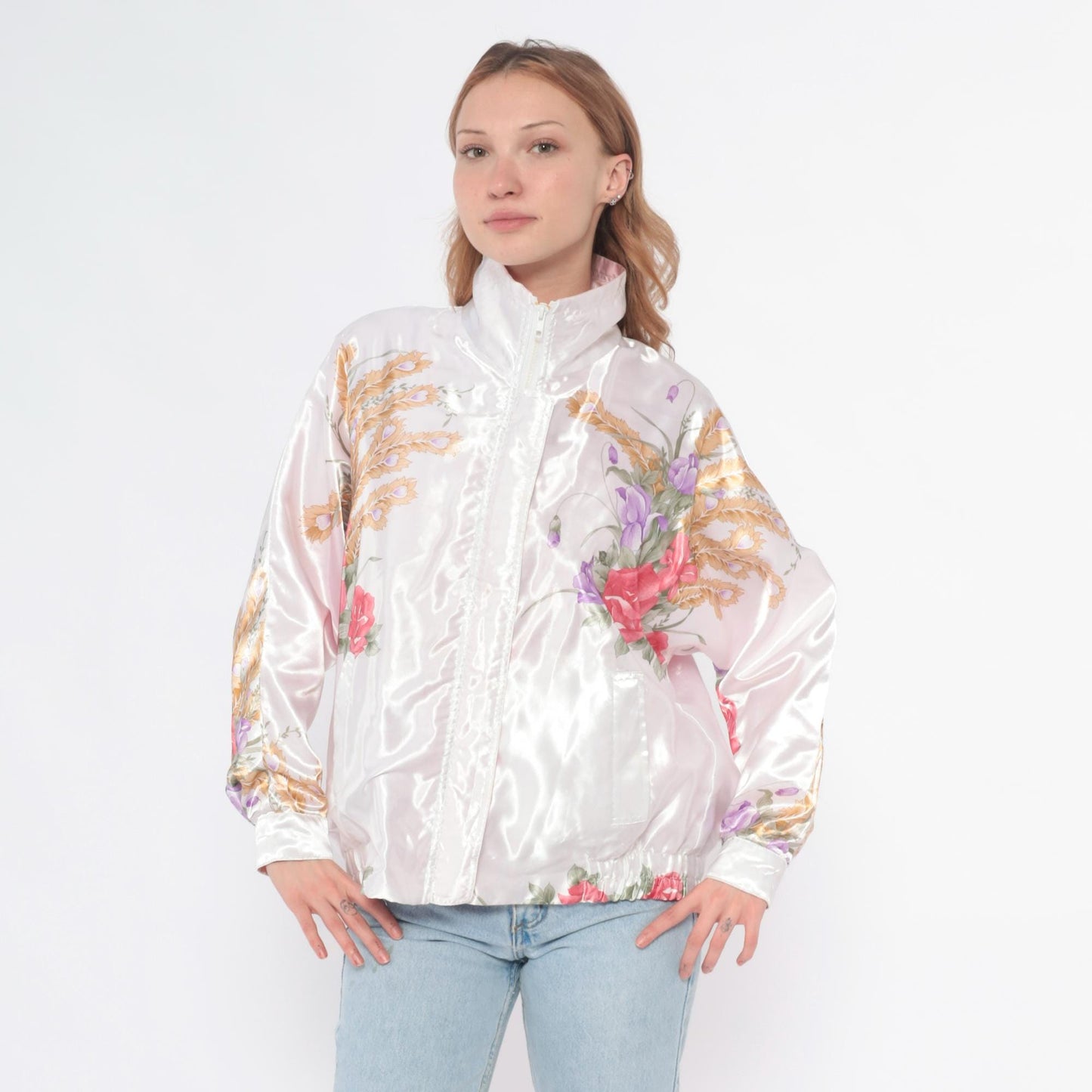90s Floral Satin Bomber Jacket White Pink Rose Purple Wheat Zip Medium
