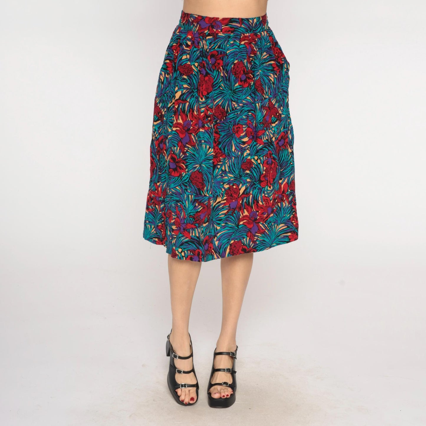 90s Tropical Palm Floral Maxi Skirt Turquoise Purple Elastic Waist Medium