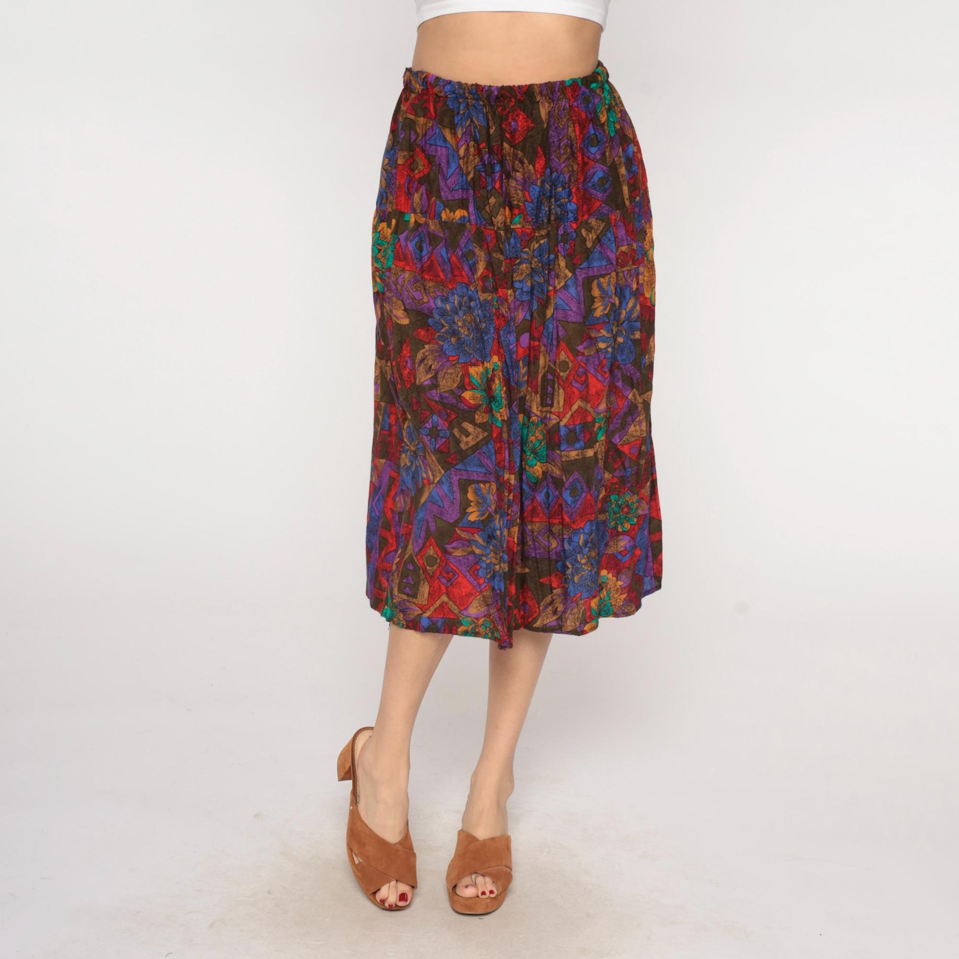 90s Abstract Floral Midi Skirt Multicolor Geometric Print Elastic Waist Plus Size XXXL