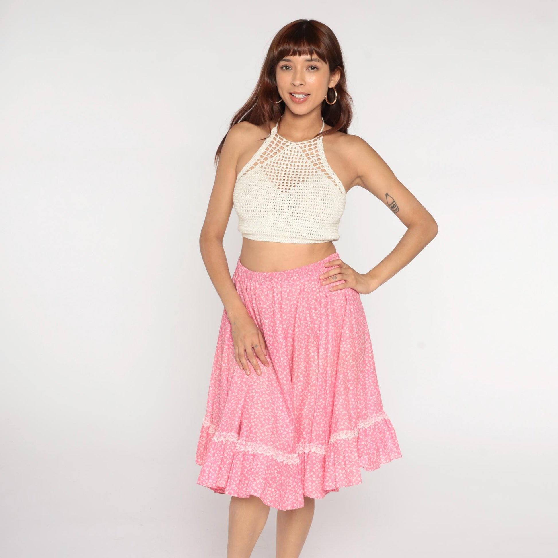 80s Pink Floral Tiered Midi Skirt White Lace Trim Gathered Medium