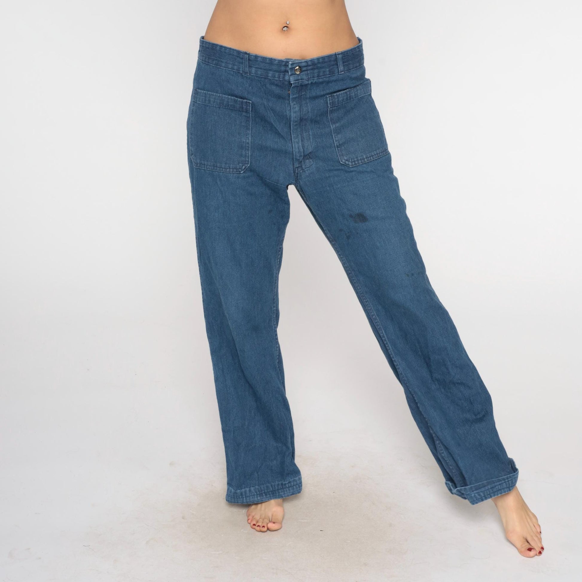 70s Seafarer High Rise Straight Leg Denim Jeans Blue Cotton Large L