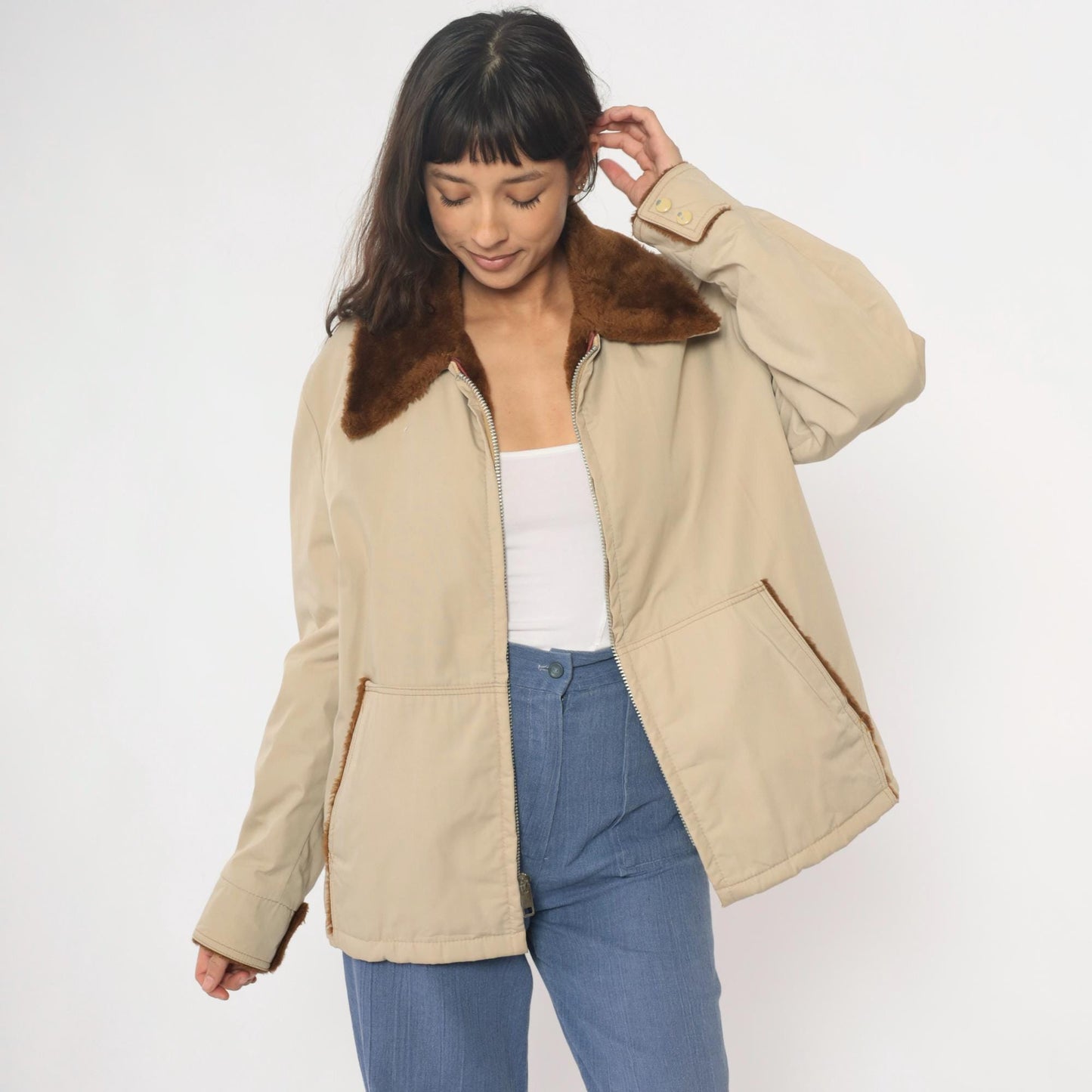 80s Weathercastle Bomber Jacket Beige Faux Fur Collar Lined Large