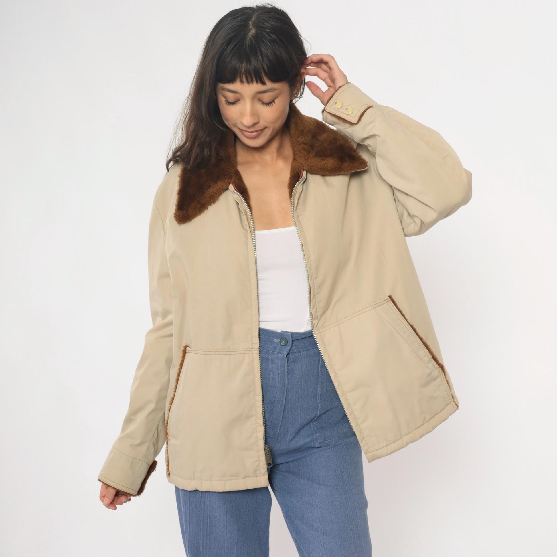 80s Weathercastle Bomber Jacket Beige Faux Fur Collar Lined Large
