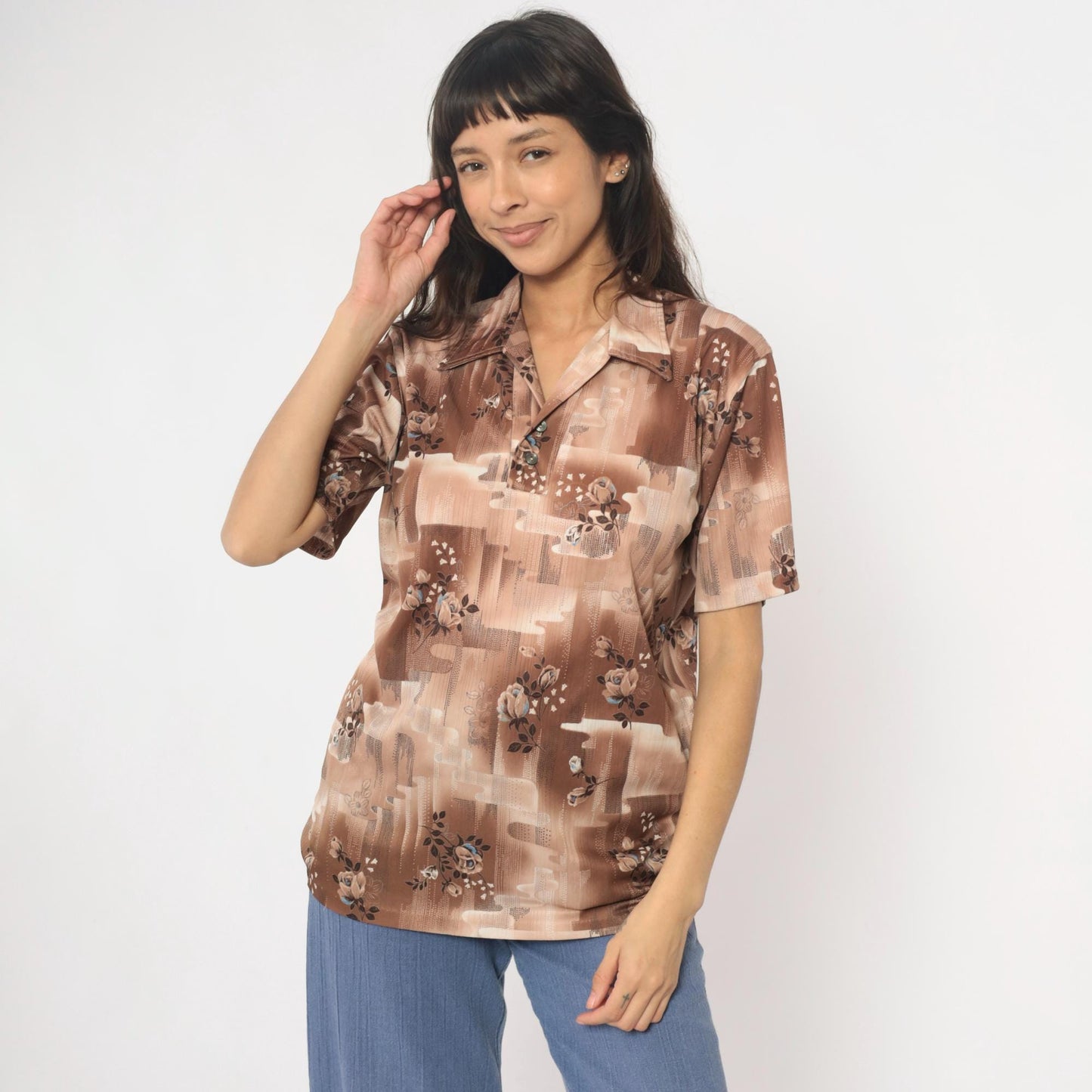 70s Stuart Mann Floral Button-Up Blouse Brown Tan Roses Geometric Medium M